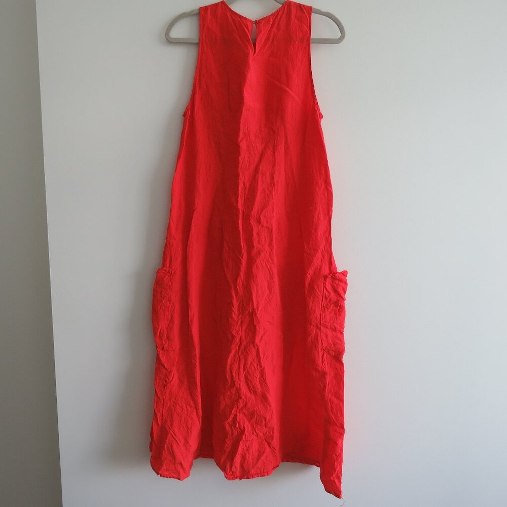 APUNTOB Red Oversized Gauzy Lagenlook Sleeveless Linen Blend Midi Pocket Dress - Picture 10 of 15